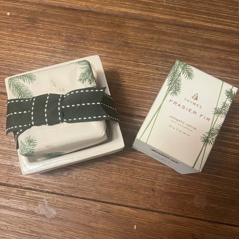 🆕🌲Thymes Frasier Fir Votive Candle and Soap with Wooded Pattern Soap Dish 🌲🆕